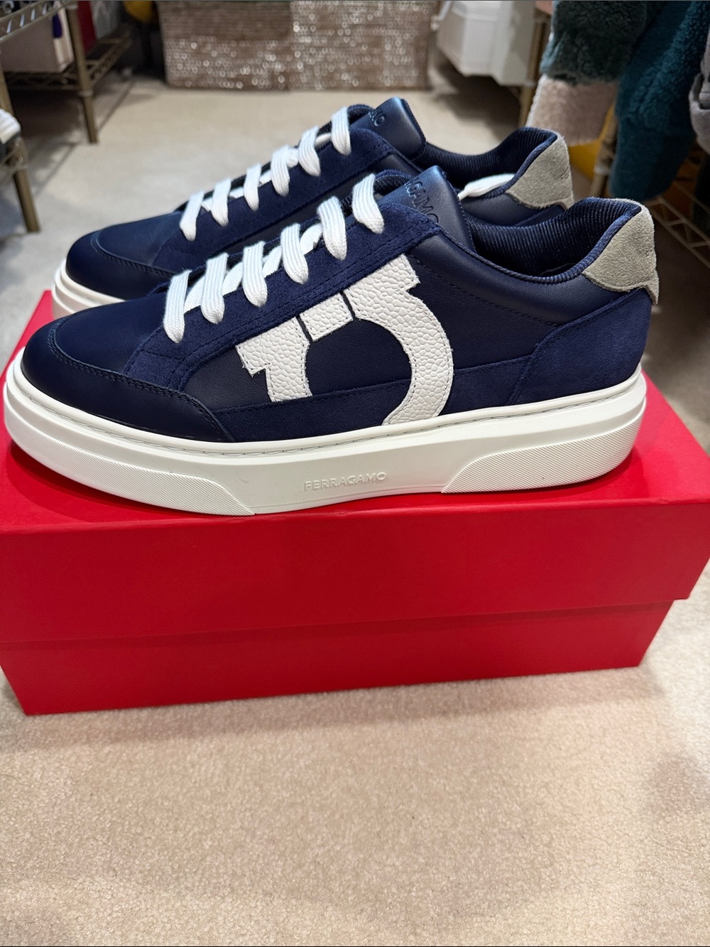 Salvatore Ferragamo Navy and White Cassina GA Low-Top Sneakers BRAND NEW